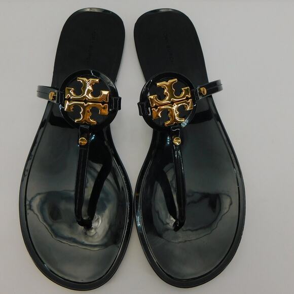 Tory Burch Mini Miller Jelly Thong Sandals Black with Gold Logo Size 9 - Picture 2 of 8